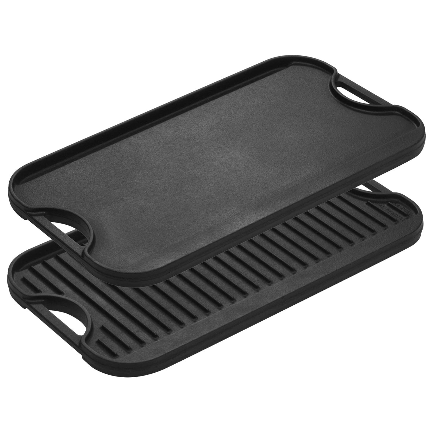 Two-sided cast iron griddle with one smooth cooking surface and one ridged grill side, featuring convenient handles, handcrafted in USA for Kitchen & Food, Cookware, Cast Iron, and Best Sellers collections.