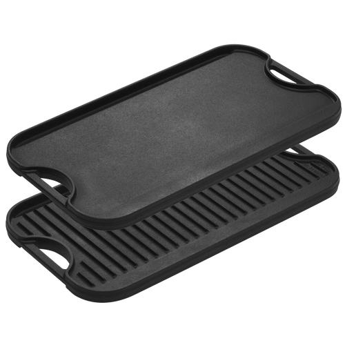 Two-sided cast iron griddle with one smooth cooking surface and one ridged grill side, featuring convenient handles, handcrafted in USA for Kitchen & Food, Cookware, Cast Iron, and Best Sellers collections.