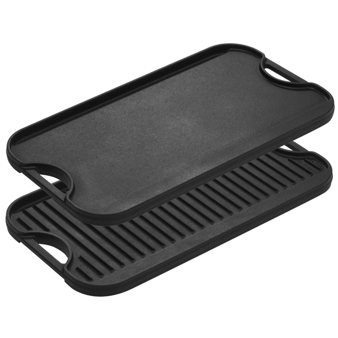Two-sided cast iron griddle with one smooth cooking surface and one ridged grill side, featuring convenient handles, handcrafted in USA for Kitchen & Food, Cookware, Cast Iron, and Best Sellers collections.