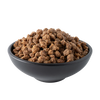 Black bowl filled with freeze-dried meat crumbles, ideal for emergency supplies, freeze dried food collections, and USA made preparedness meals.