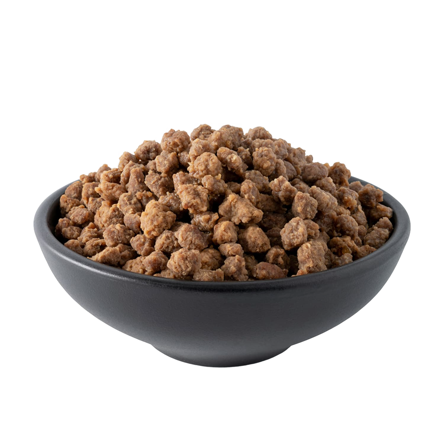 Black bowl filled with freeze-dried meat crumbles, ideal for emergency supplies, freeze dried food collections, and USA made preparedness meals.