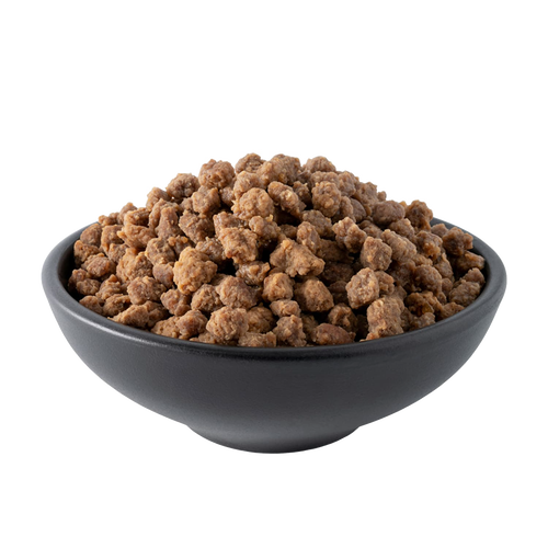 Black bowl filled with freeze-dried meat crumbles, ideal for emergency supplies, freeze dried food collections, and USA made preparedness meals.