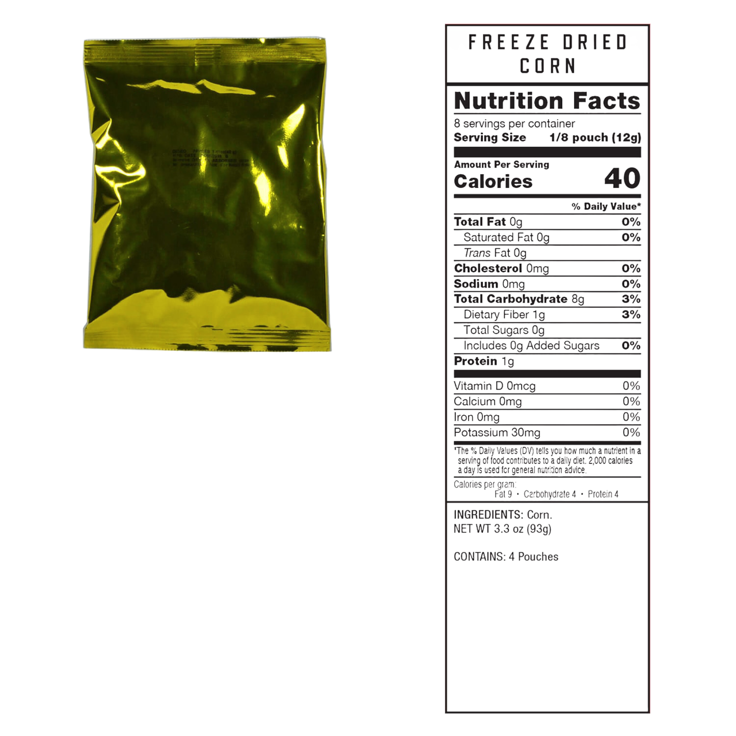 Gold foil pouch containing freeze-dried corn with detailed nutrition facts label, ideal for Emergency Supplies, Kitchen & Food, Farm, Garden & Tool, and Pantry collections.