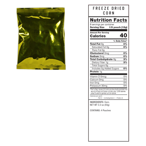 Gold foil pouch containing freeze-dried corn with detailed nutrition facts label, ideal for Emergency Supplies, Kitchen & Food, Farm, Garden & Tool, and Pantry collections.