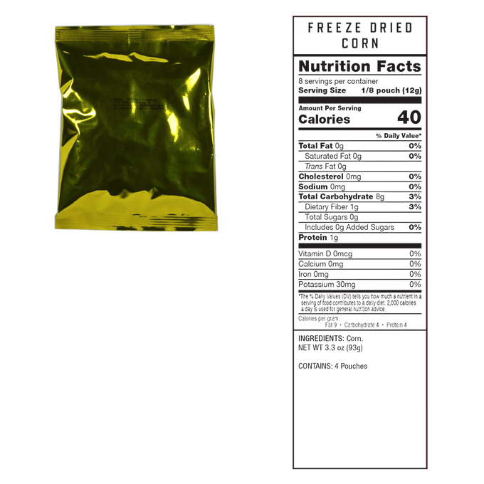 Gold foil pouch containing freeze-dried corn with detailed nutrition facts label, ideal for Emergency Supplies, Kitchen & Food, Farm, Garden & Tool, and Pantry collections.