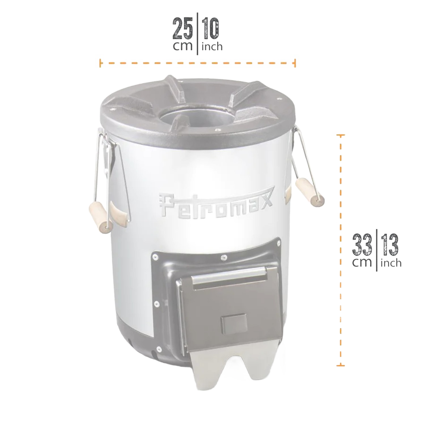 Compact outdoor stove with cast iron top, front-loading firebox door, and wooden side handles, designed for quick heating in Farm, Garden & Tool, Camping, Best Sellers, and Promo Eligible collections.