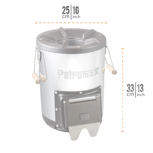 Compact outdoor stove with cast iron top, front-loading firebox door, and wooden side handles, designed for quick heating in Farm, Garden & Tool, Camping, Best Sellers, and Promo Eligible collections.