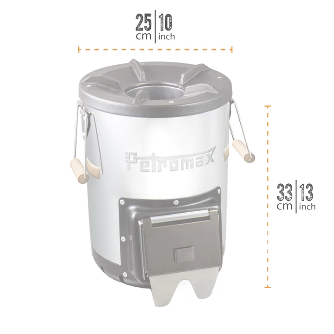 Compact outdoor stove with cast iron top, front-loading firebox door, and wooden side handles, designed for quick heating in Farm, Garden & Tool, Camping, Best Sellers, and Promo Eligible collections.