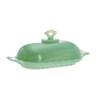 Green glass stick butter dish with a decorative handle and scalloped base, handcrafted in the USA, perfect for Kitchen & Food, Dinnerware, Making Butter, and Best Sellers collections.