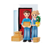Handcrafted resin ornament of a smiling couple in casual clothes standing in front of a red door with moving boxes and a small green plant, part of Home & Decor and Holiday Decor collections.