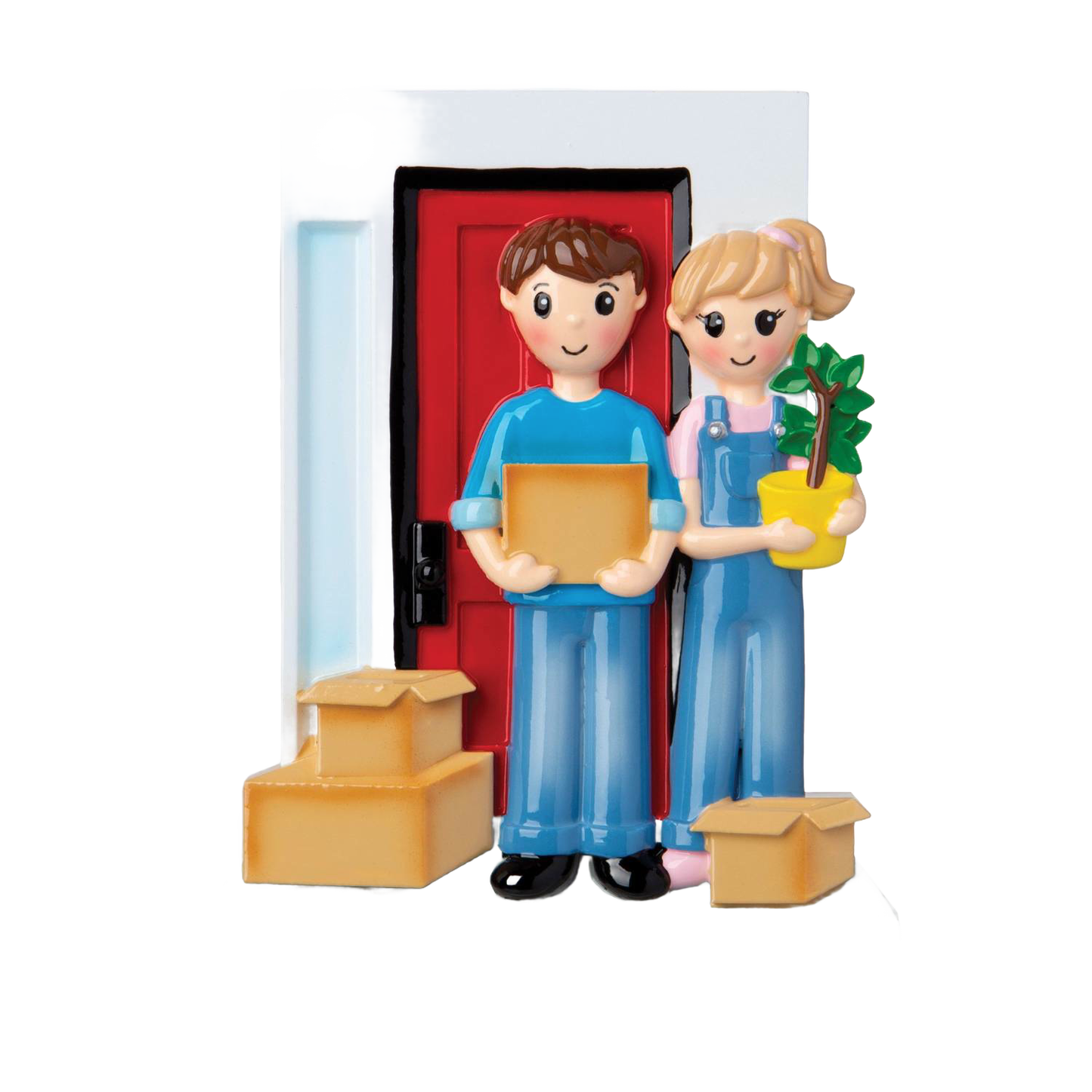 Handcrafted resin ornament of a smiling couple in casual clothes standing in front of a red door with moving boxes and a small green plant, part of Home & Decor and Holiday Decor collections.