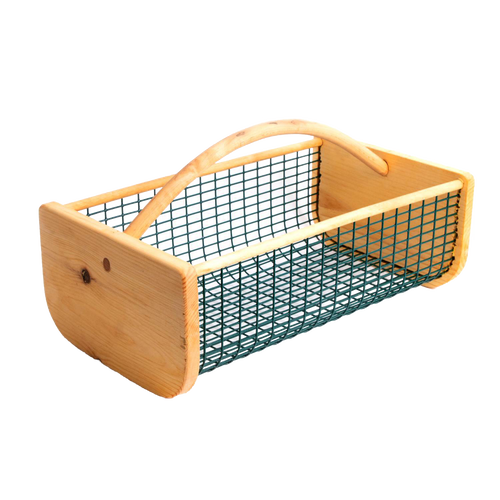 Handcrafted garden hod with wooden frame and wire mesh sides, designed for carrying and washing harvests, made in USA, featured in Farm, Garden & Tool and Best Sellers collections.
