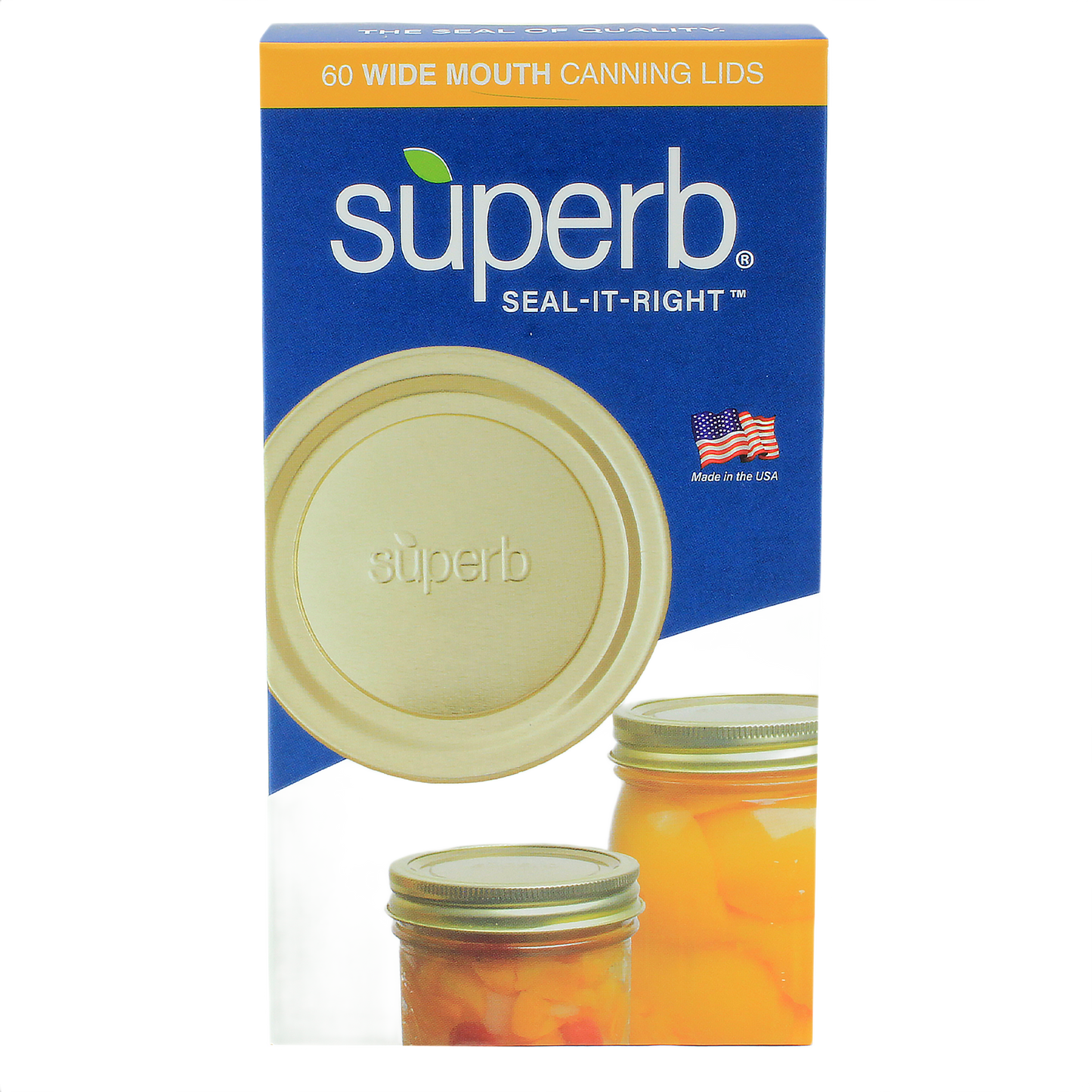 Box of 60 wide-mouth metal canning jar lids in gold tone embossed with superb, featuring BluSeal™ sealing power, made in USA for Kitchen & Food, Food Preservation, and Canning collections.