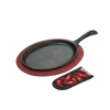 Oval cast iron griddle paired with a red-stained wooden underliner and a chili pepper-themed handle holder, featured in Kitchen & Food, Camping, Cast Iron, and Best Sellers collections.