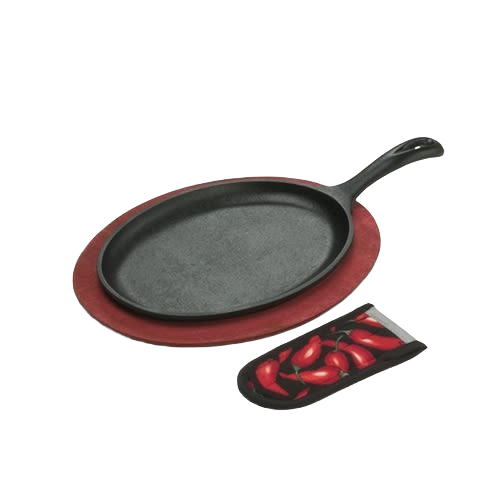 Oval cast iron griddle paired with a red-stained wooden underliner and a chili pepper-themed handle holder, featured in Kitchen & Food, Camping, Cast Iron, and Best Sellers collections.