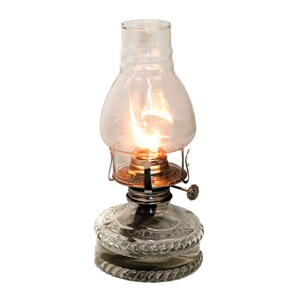 Handcrafted clear glass oil lamp with a lit flame inside a chimney, featuring a decorative base and metal burner, ideal for farm, garden, emergency lighting, and best-selling collections.