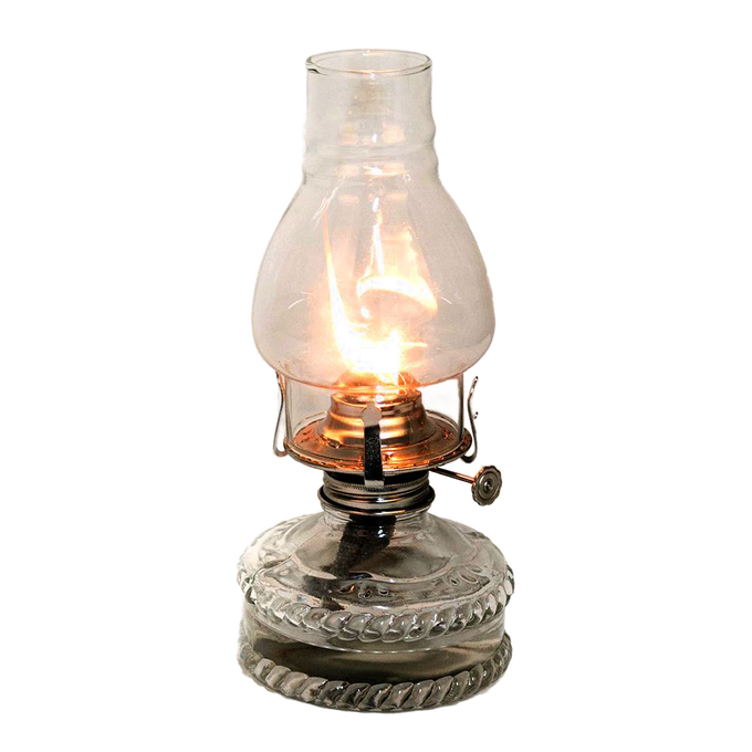 Handcrafted clear glass oil lamp with a lit flame inside a chimney, featuring a decorative base and metal burner, ideal for farm, garden, emergency lighting, and best-selling collections.