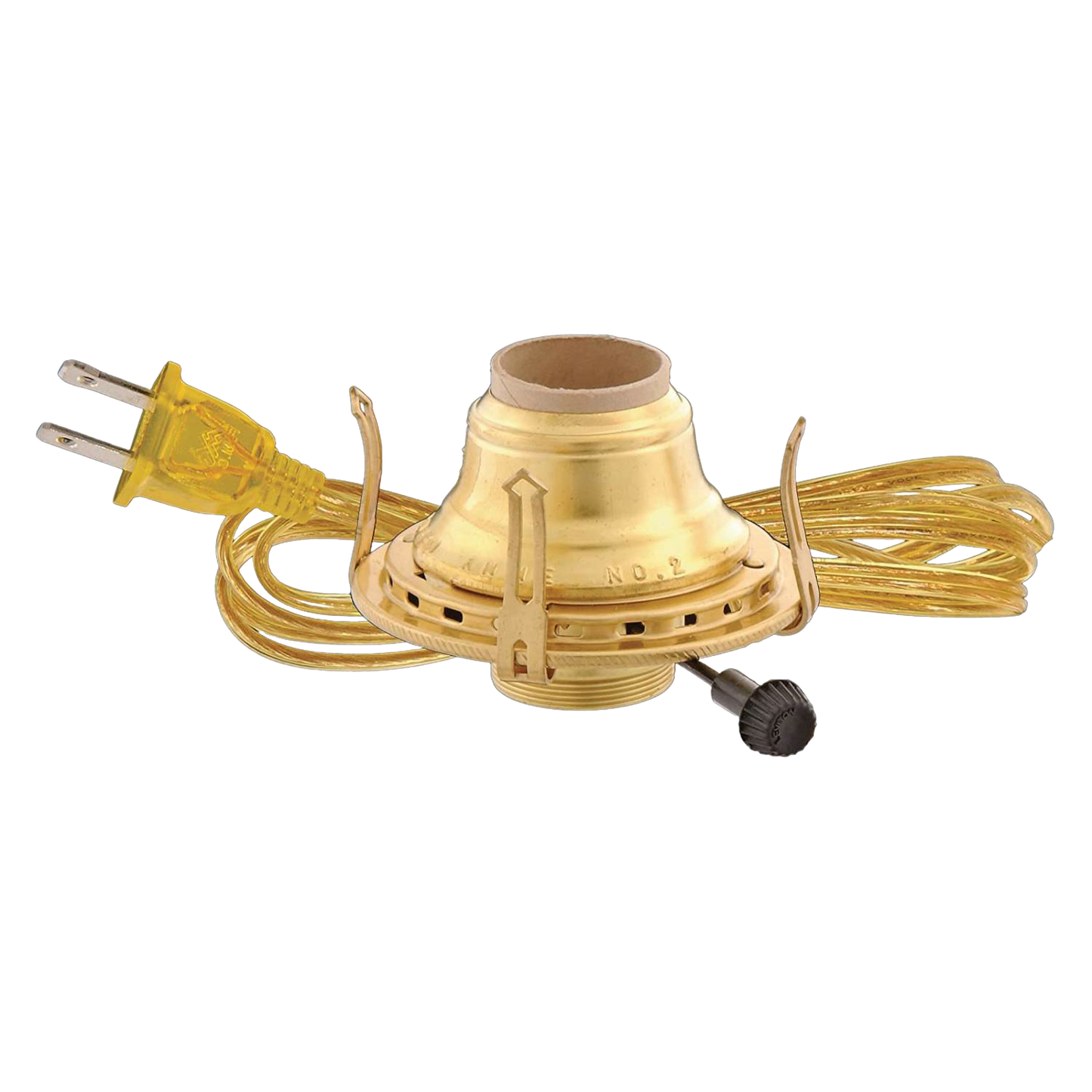 Solid brass electric lamp burner with UL listed cord and arrow-shaped prongs, handcrafted and compatible with 3-inch chimneys, part of Lamps & Lighting and Electric Conversion collections.
