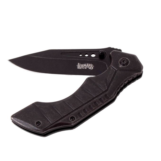 Compact blackened stainless lockback folding pocket knife with textured handle and thumb stud, part of Farm, Garden & Tool and Knives & Axes collections.