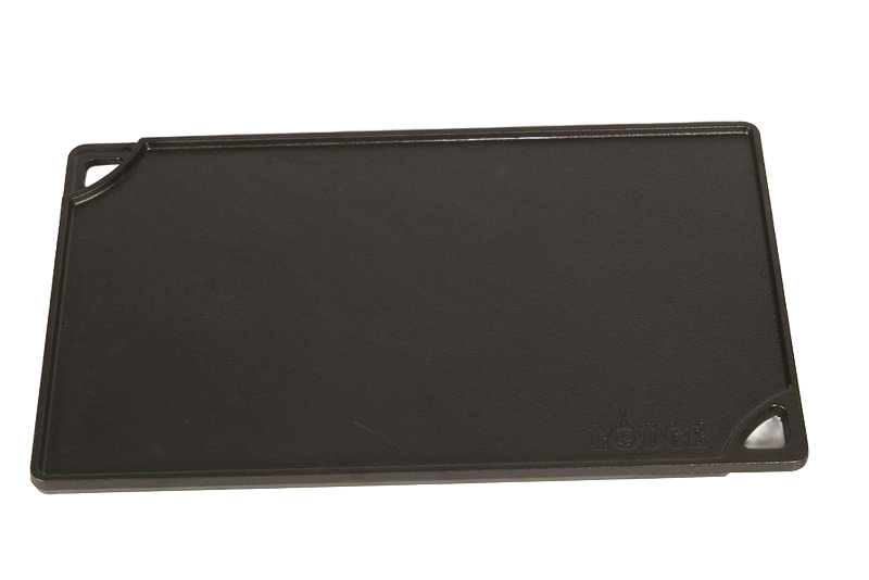 Smooth black cast iron griddle with sturdy corner handles and embossed logo, featuring durable construction for versatile cooking in Kitchen & Food, Cast Iron, and USA Made collections.