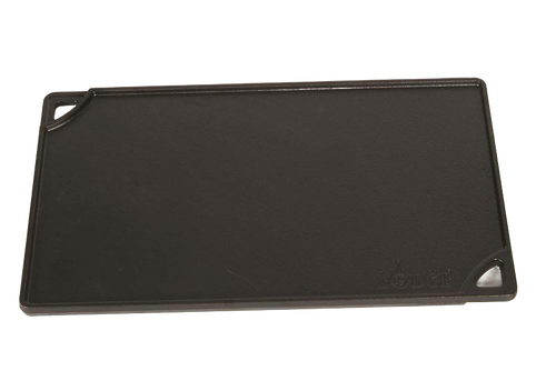 Smooth black cast iron griddle with sturdy corner handles and embossed logo, featuring durable construction for versatile cooking in Kitchen & Food, Cast Iron, and USA Made collections.