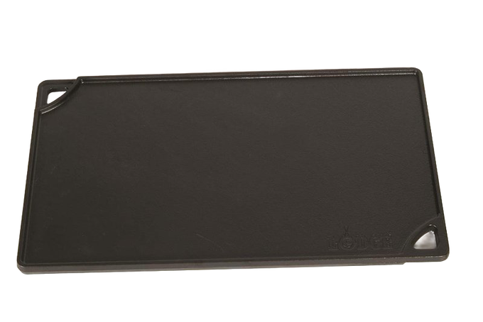 Smooth black cast iron griddle with sturdy corner handles and embossed logo, featuring durable construction for versatile cooking in Kitchen & Food, Cast Iron, and USA Made collections.