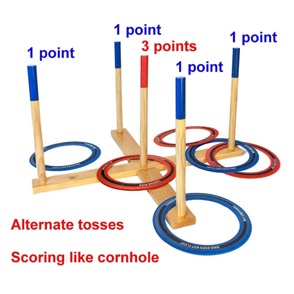 Handcrafted wooden ring toss lawn game with natural wood frame, featuring red and blue rings scored with point values, part of Toys, Books & Games, Lawn Games, and Best Sellers collections.
