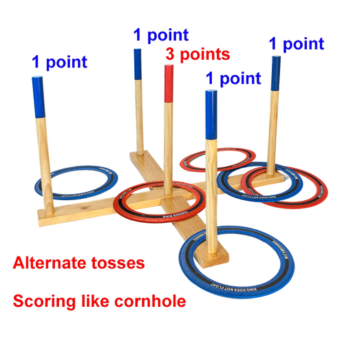 Handcrafted wooden ring toss lawn game with natural wood frame, featuring red and blue rings scored with point values, part of Toys, Books & Games, Lawn Games, and Best Sellers collections.