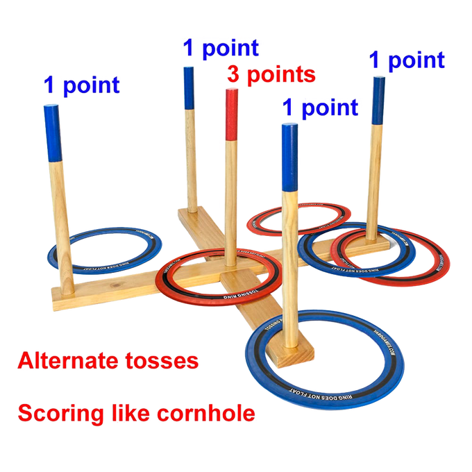 Handcrafted wooden ring toss lawn game with natural wood frame, featuring red and blue rings scored with point values, part of Toys, Books & Games, Lawn Games, and Best Sellers collections.