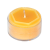 Hexagonal pure beeswax tealight candle in clear plastic holder, handcrafted in the USA, featured in Lamps & Lighting, Candles, and Best Sellers collections.