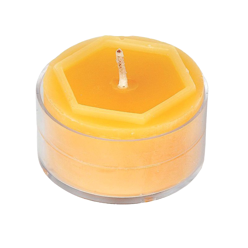 Hexagonal pure beeswax tealight candle in clear plastic holder, handcrafted in the USA, featured in Lamps & Lighting, Candles, and Best Sellers collections.