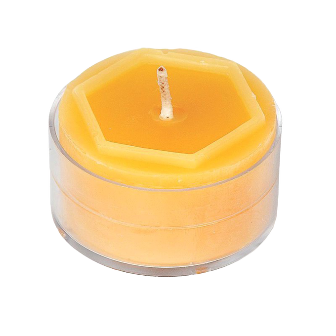 Hexagonal pure beeswax tealight candle in clear plastic holder, handcrafted in the USA, featured in Lamps & Lighting, Candles, and Best Sellers collections.