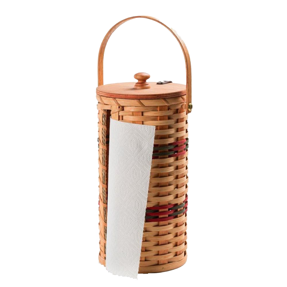 Handcrafted Amish-made paper towel holder with woven basket sides, smooth wooden lid and handle, designed for neat storage and easy use, ideal for Home & Decor and Household Helpers collections.