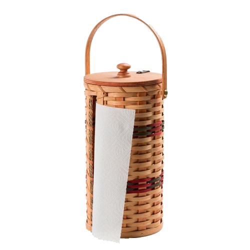 Handcrafted Amish-made paper towel holder with woven basket sides, smooth wooden lid and handle, designed for neat storage and easy use, ideal for Home & Decor and Household Helpers collections.