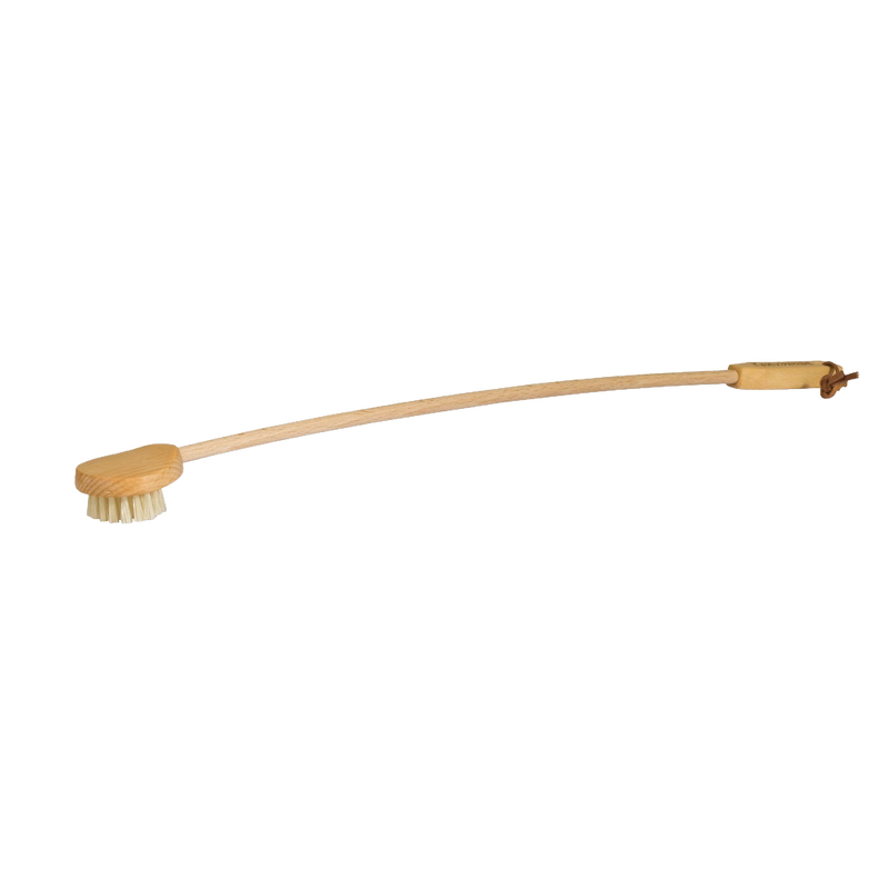 Long curved wooden back scratcher brush with natural bristles and smooth handle, designed for gentle skin stimulation and easy reach, featured in Health & Wellness and Best Sellers collections.