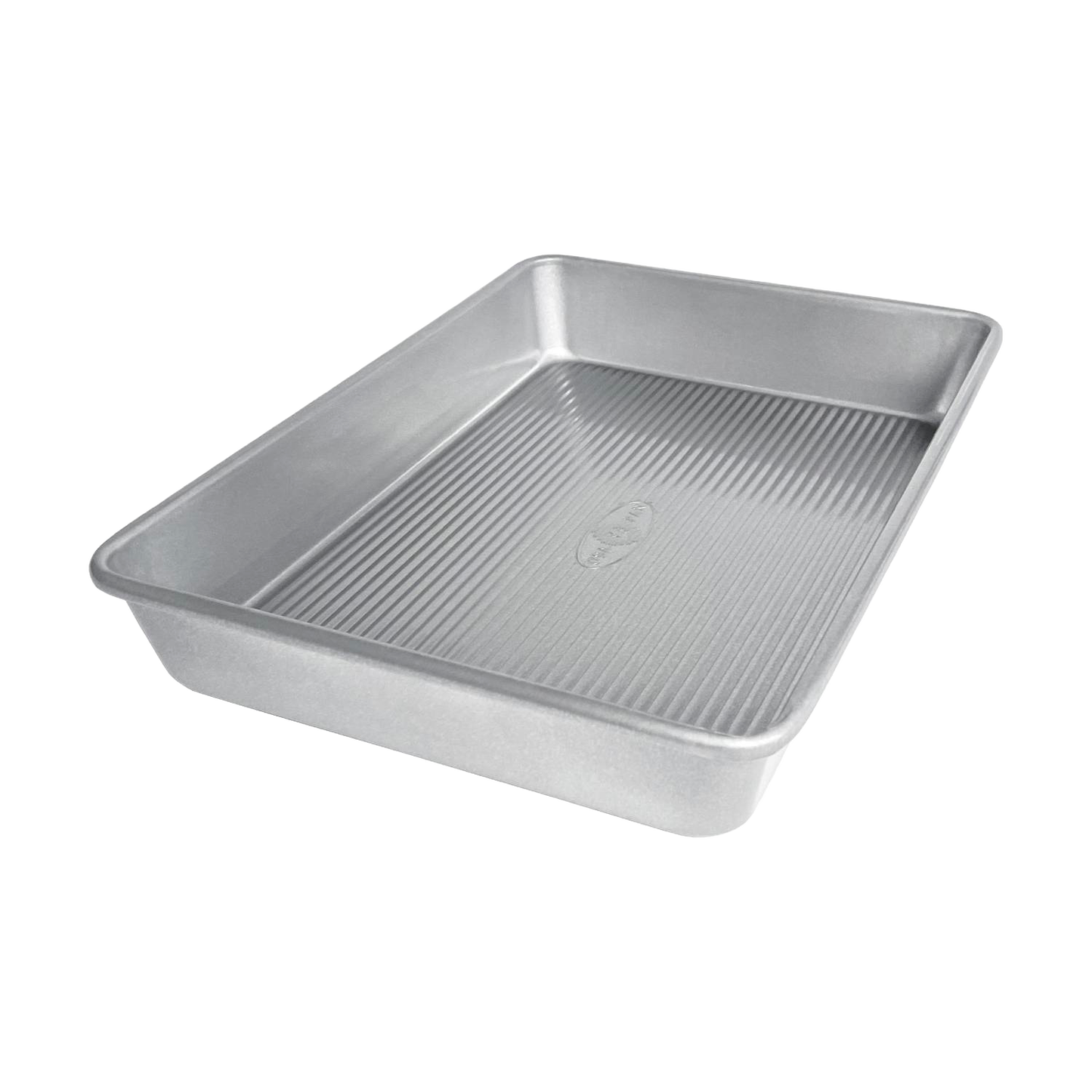 Durable aluminized steel seamless rectangular cake pan with ridged bottom, crafted in USA for versatile baking in Kitchen & Food, Cookware, Baking Supplies, Pots and Pans collections.