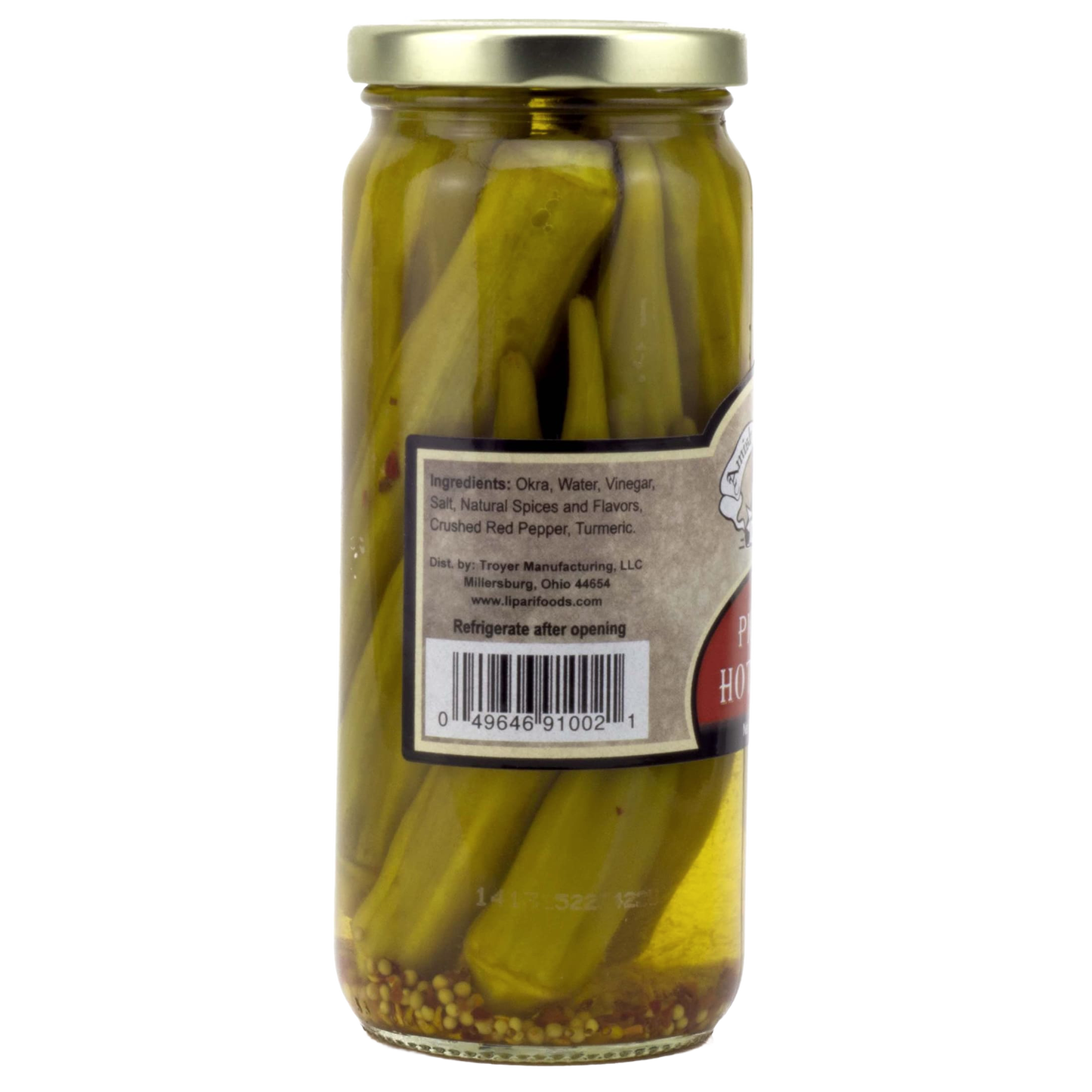 Glass jar of handcrafted pickled hot okra with visible mustard seeds and spices, showcasing Amish-made quality from USA in Kitchen & Food, Pantry, Best Sellers collections.