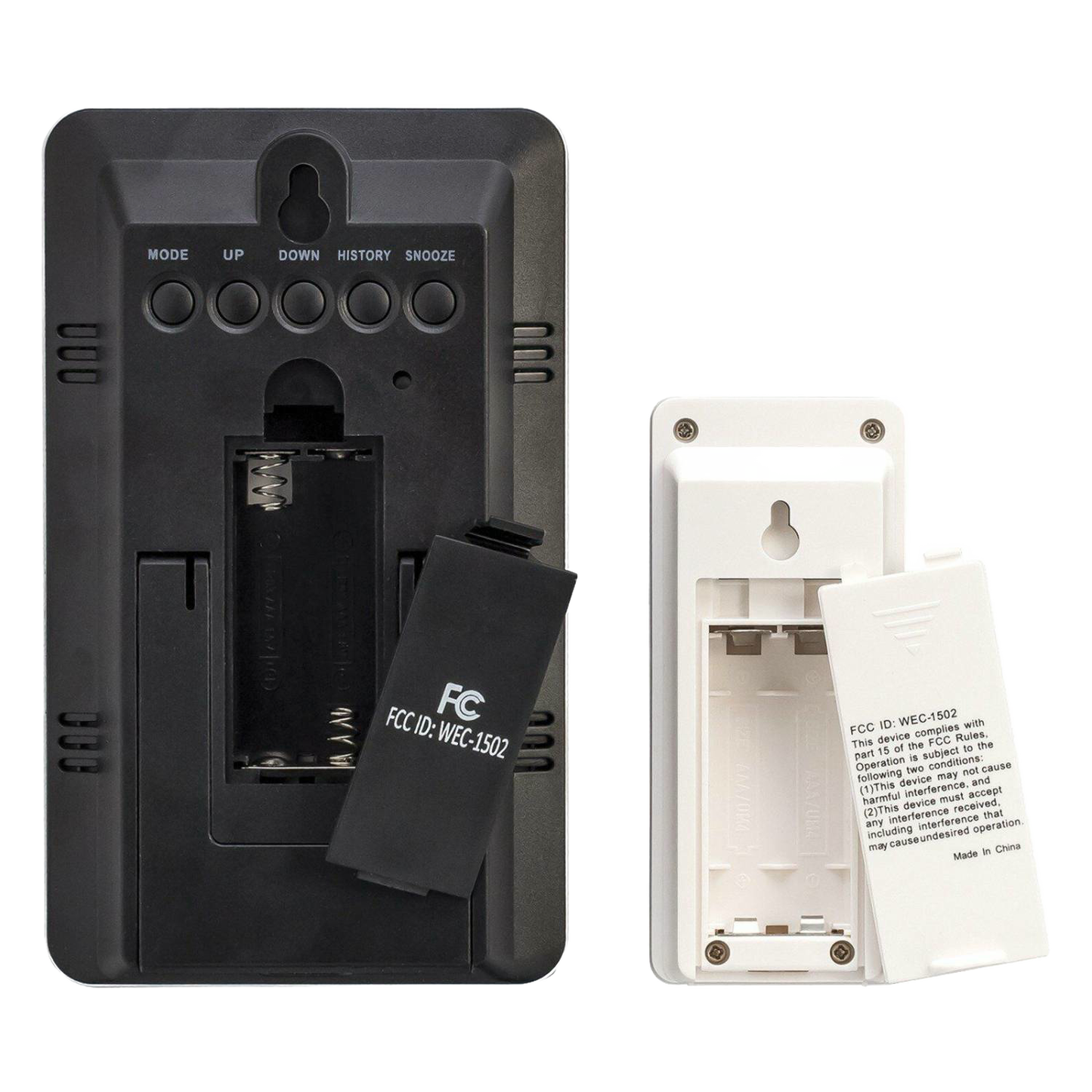 Back view of black and white digital thermometer and barometer units with battery compartments open, featuring control buttons and FCC compliance labels, ideal for home decor and household helpers collections.