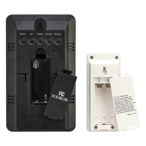 Back view of black and white digital thermometer and barometer units with battery compartments open, featuring control buttons and FCC compliance labels, ideal for home decor and household helpers collections.