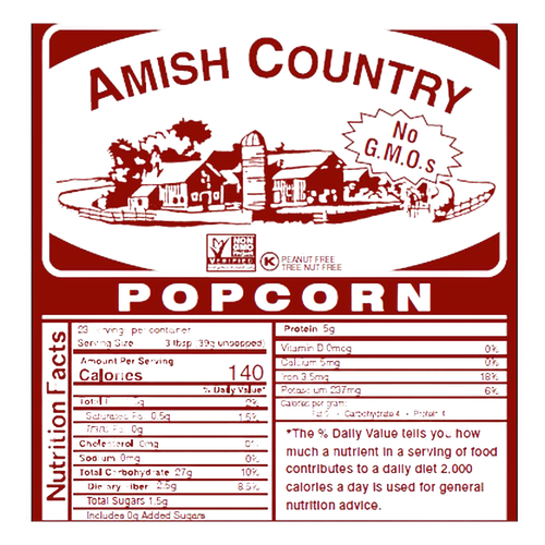 Vintage-style label for Amish Country Popcorn featuring a detailed farm illustration, nutrition facts, and text highlighting handcrafted, USA made popcorn with no GMOs, suitable for Kitchen & Food, Snacks and Sweets, Popcorn, and USA Made collections.