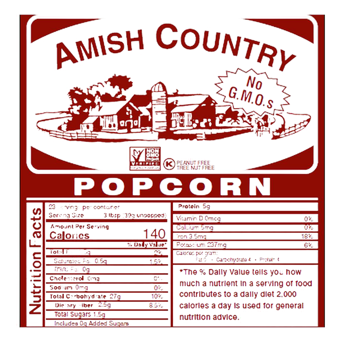 Vintage-style label for Amish Country Popcorn featuring a detailed farm illustration, nutrition facts, and text highlighting handcrafted, USA made popcorn with no GMOs, suitable for Kitchen & Food, Snacks and Sweets, Popcorn, and USA Made collections.