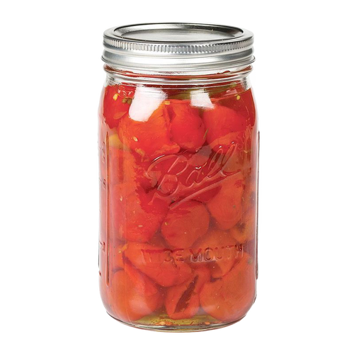 Clear wide-mouth quart jar filled with preserved red peppers sealed with a metal lid, perfect for kitchen canning, food preservation, and craft projects in USA Made collections