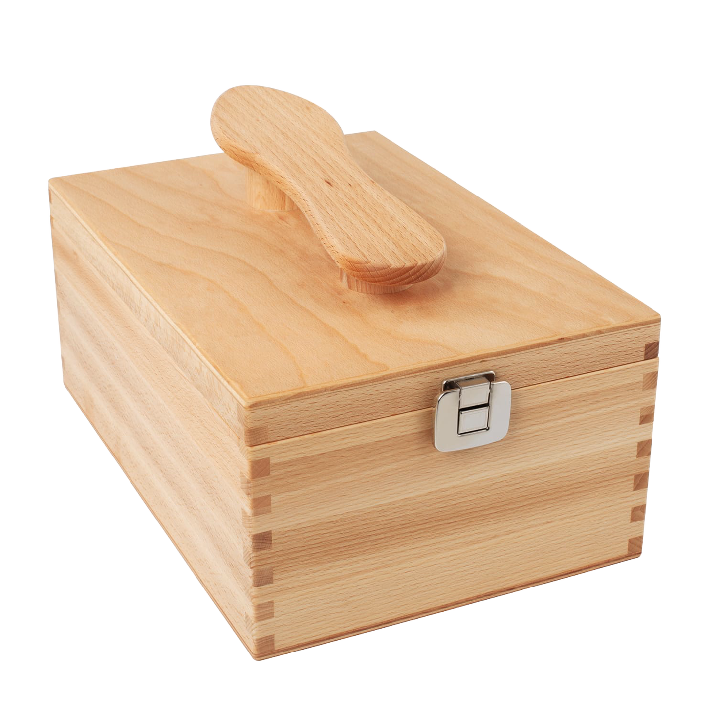 Beechwood shoe cleaning storage box with folding lid and metal latch, handcrafted for organized shoe care in Health & Wellness and Home & Decor collections.
