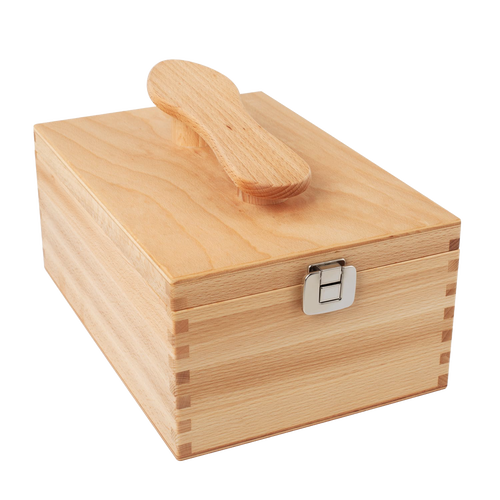 Beechwood shoe cleaning storage box with folding lid and metal latch, handcrafted for organized shoe care in Health & Wellness and Home & Decor collections.