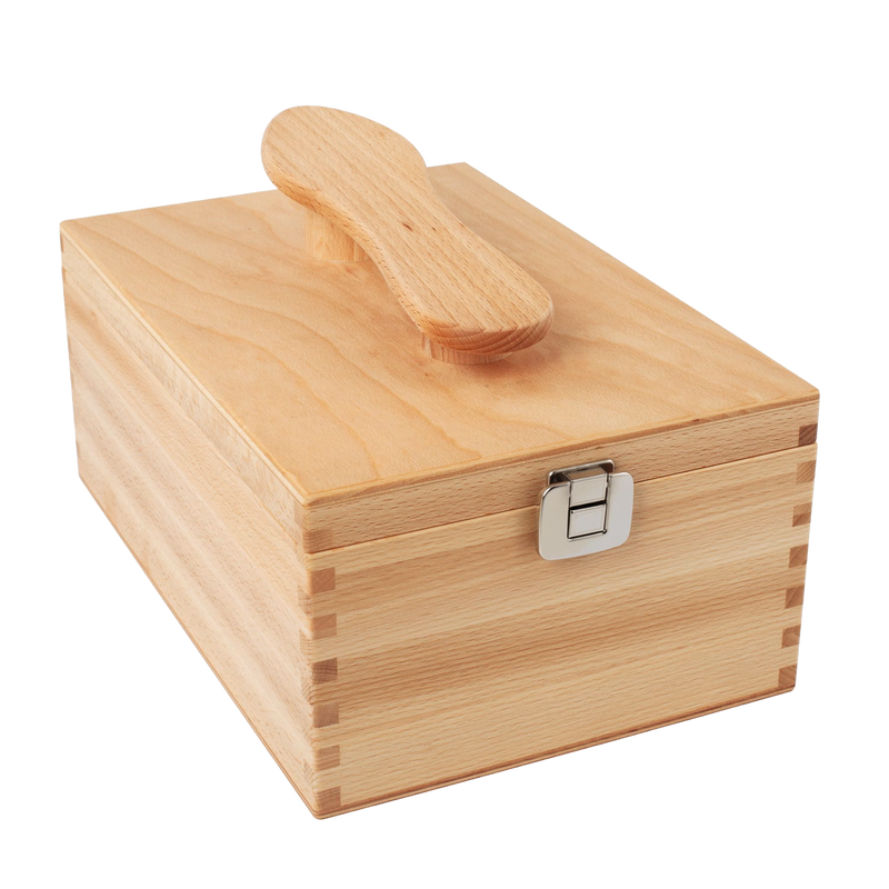 Beechwood shoe cleaning storage box with folding lid and metal latch, handcrafted for organized shoe care in Health & Wellness and Home & Decor collections.