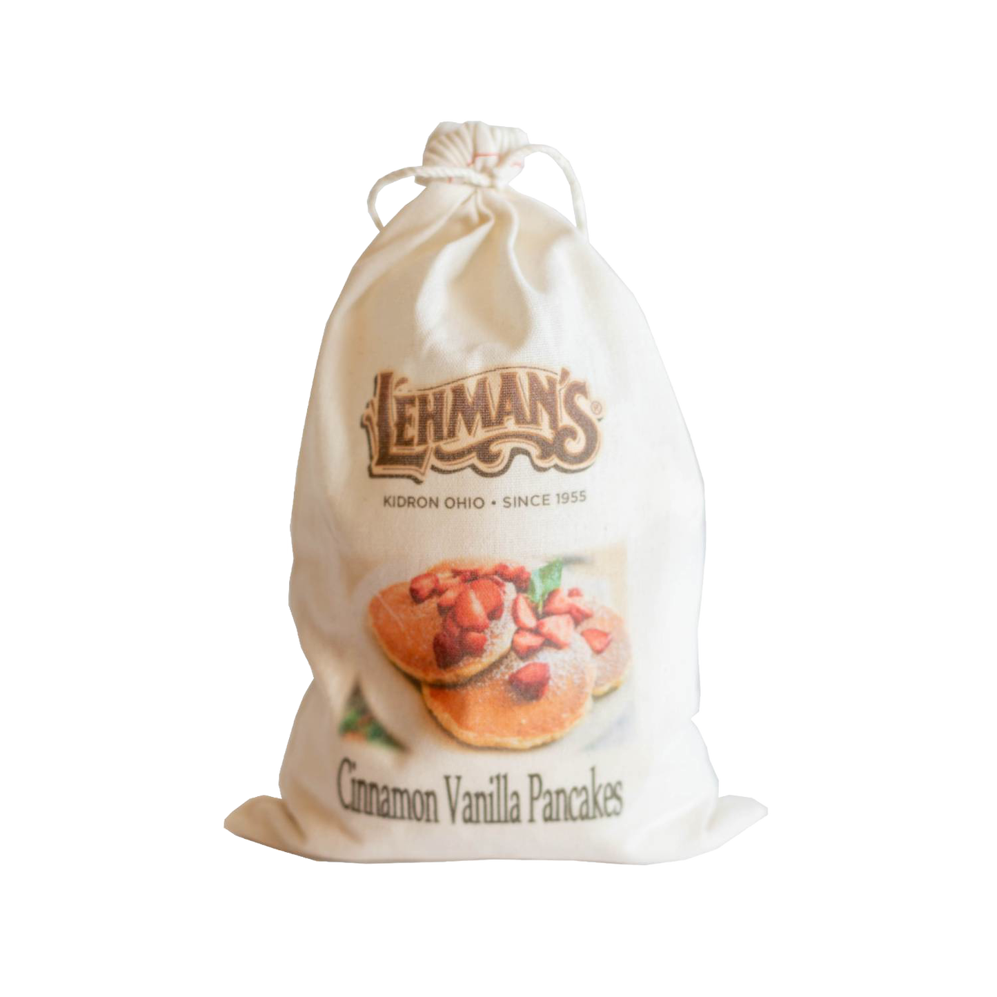 Natural fabric drawstring bag of handcrafted Lehman’s cinnamon vanilla pancake mix, featuring an image of stacked cinnamon-spiced pancakes, ideal for Kitchen & Food, Pantry, Dry Goods and Mixes, Best Sellers, and Promo Eligible collections.