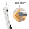 Stainless steel serrated cheese knife with built-in tines for easy serving, crafted in the USA, suitable for cutting and serving soft or hard cheeses, part of kitchen and food prep tools.
