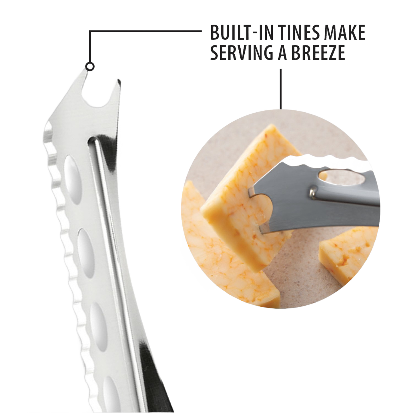 Stainless steel serrated cheese knife with built-in tines for easy serving, crafted in the USA, suitable for cutting and serving soft or hard cheeses, part of kitchen and food prep tools.