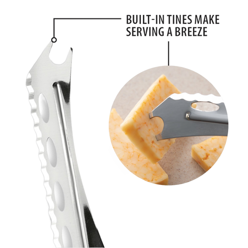 Stainless steel serrated cheese knife with built-in tines for easy serving, crafted in the USA, suitable for cutting and serving soft or hard cheeses, part of kitchen and food prep tools.