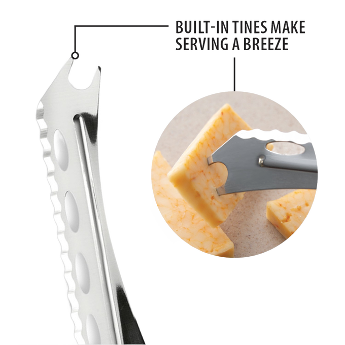 Stainless steel serrated cheese knife with built-in tines for easy serving, crafted in the USA, suitable for cutting and serving soft or hard cheeses, part of kitchen and food prep tools.